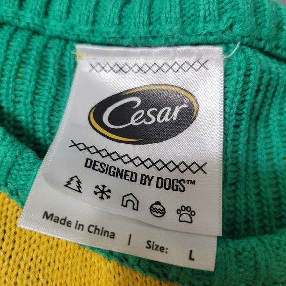 Mens Large Cesar Dog Food Lovers Ugly Christmas Sweater Green Yellow Snowman - Picture 3 of 5